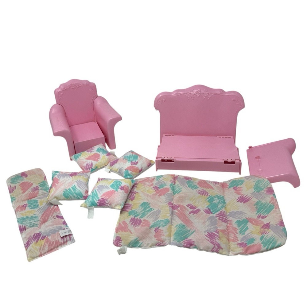 Barbie 1987 Sweet Roses Couch‎ & Chair with Pillows Pink Geometric INCOMPLETE